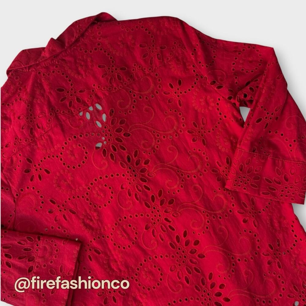 ZARA NEW Boho Hippie Western Eyelet Red Cotton Blouse Button-Up Small - Picture 4 of 10